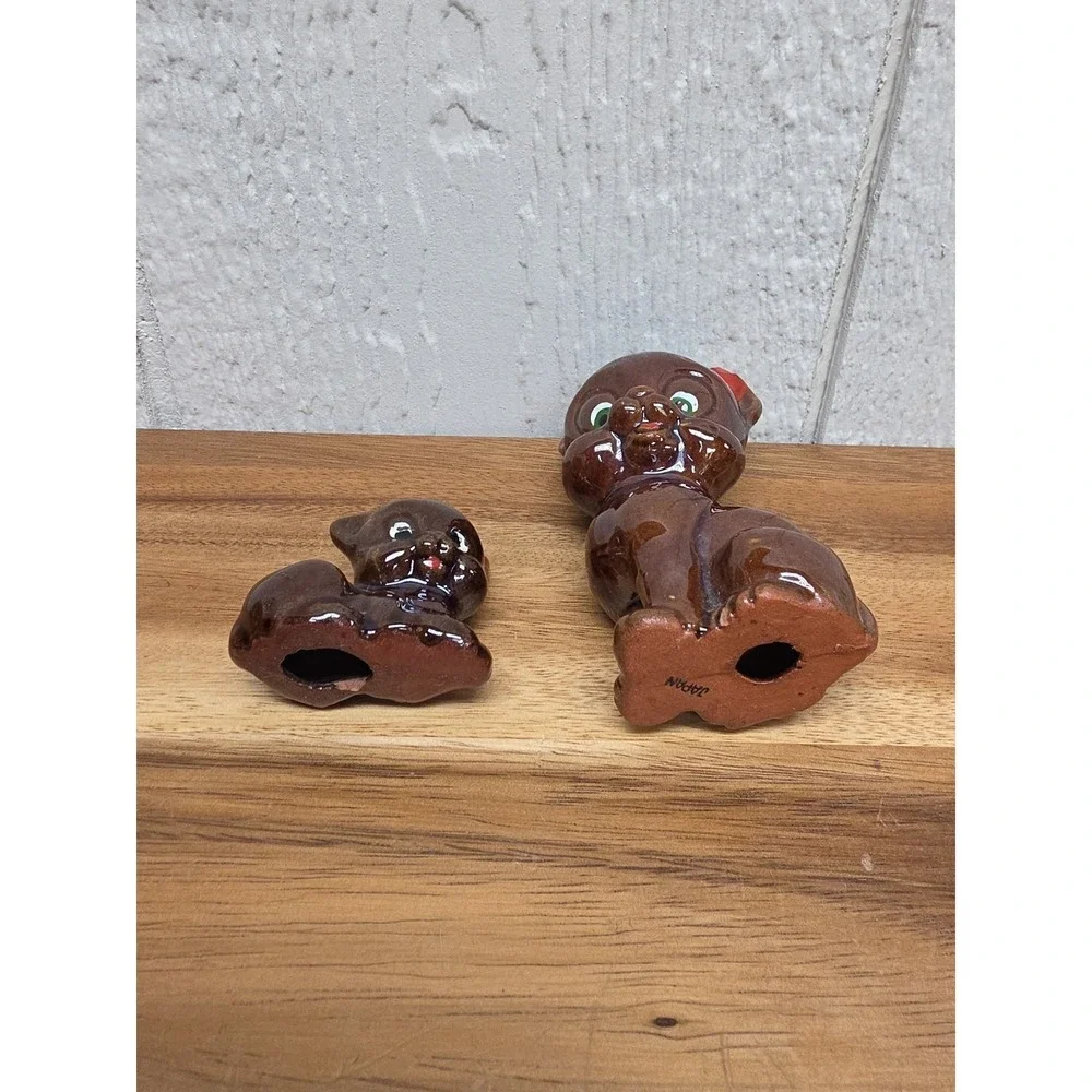 VTG - Red Clay Brown Glazed Mama Cat & Kitten Duo- Japan - VGC
